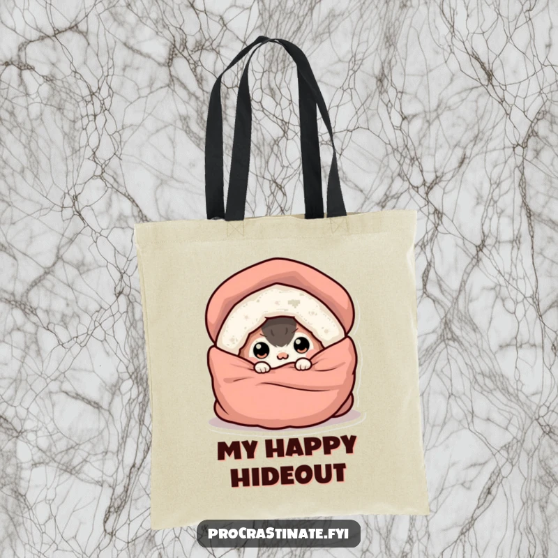 Funny tote bag with a charming illustration of a creature buried in a blanket, only its eyes visible, symbolizing comfort.