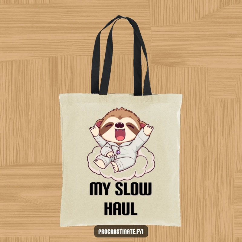 Funny tote bag showcasing a lazy sloth in pajamas yawning widely on a cloud, ideal for carrying essentials with a relaxed vibe.