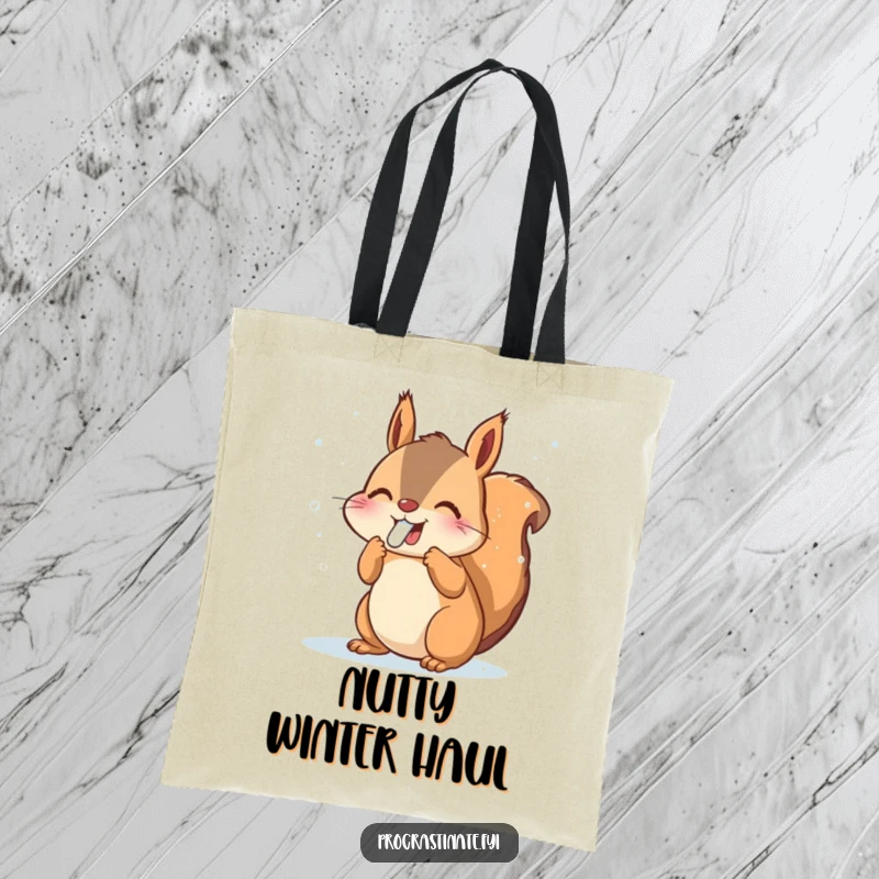 Funny Squirrel Tote Bag: Joyful animal catching snowflakes with its tongue, carries essentials, cute winter accessory, funny gift.